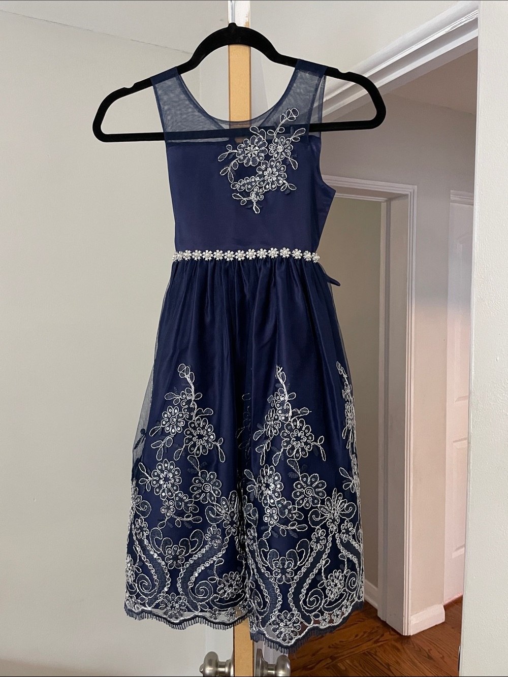 American Princess Navy Dress with White Floral Embroidery